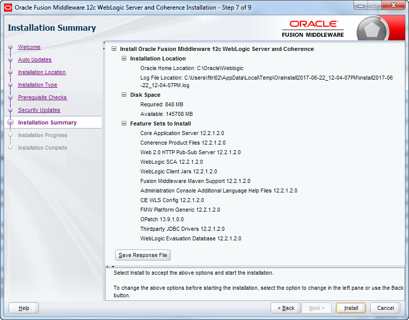 oracle weblogic installation summary