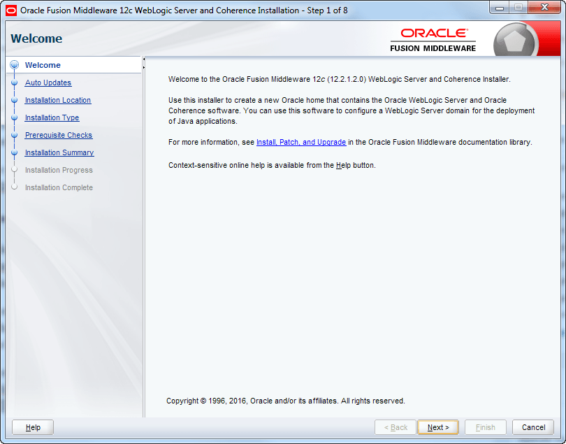 oracle weblogic installer start