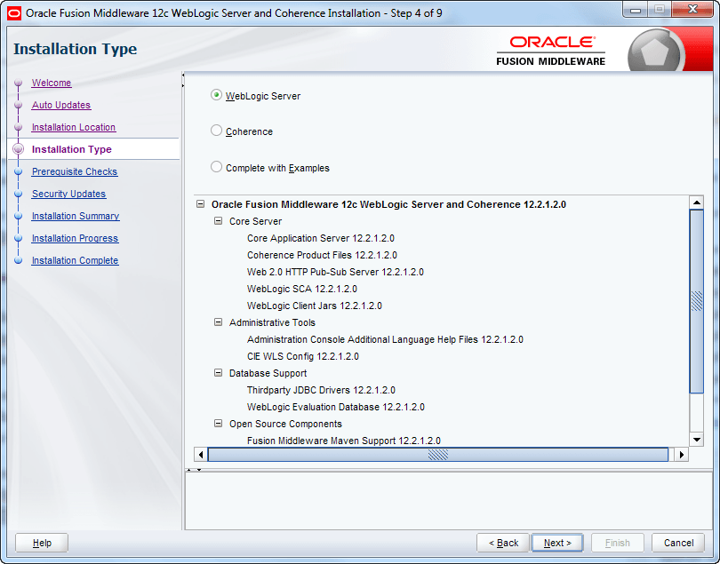 select oracle weblogic installation type