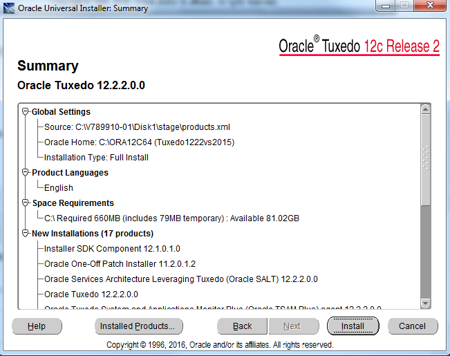 summary of oracle tuxedo install