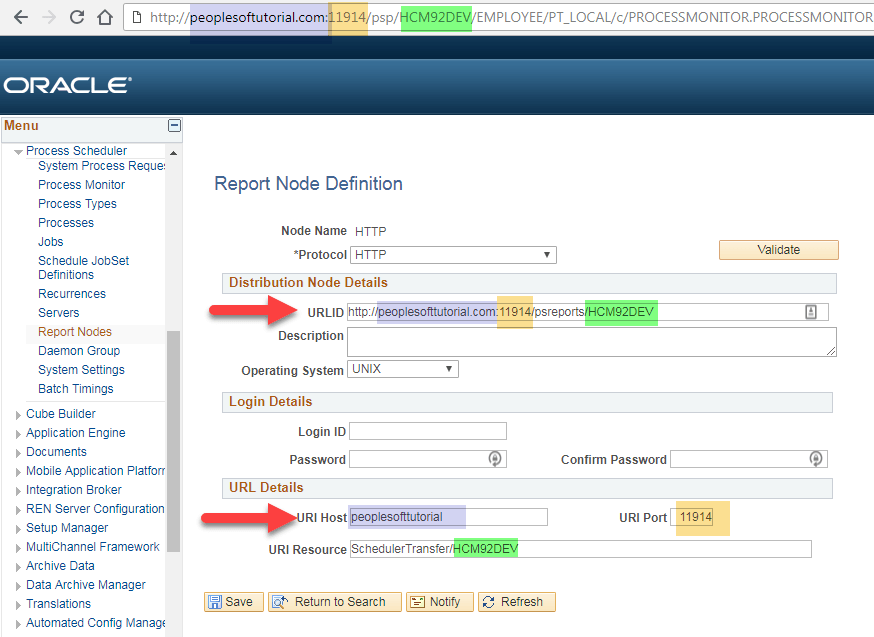 peoplesoft report node confguration