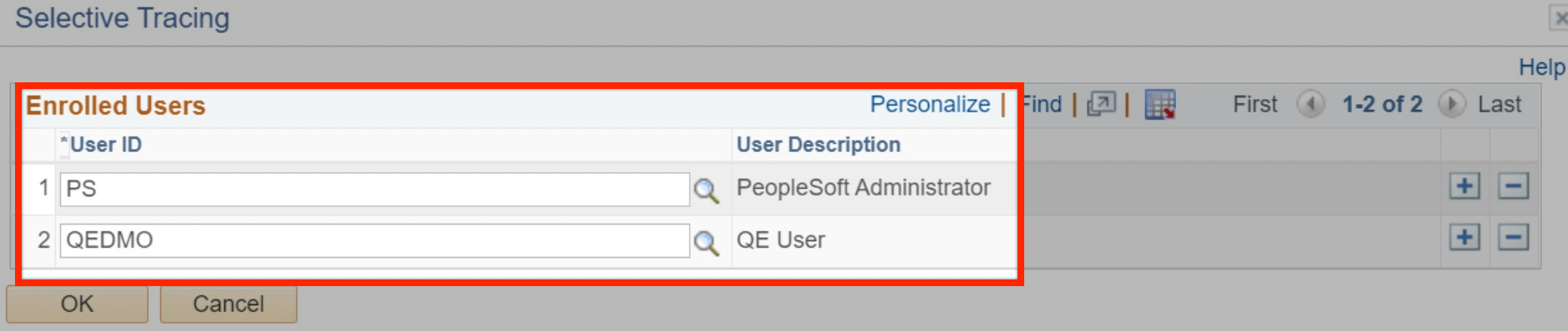 Enrolled users in selective tracing admin